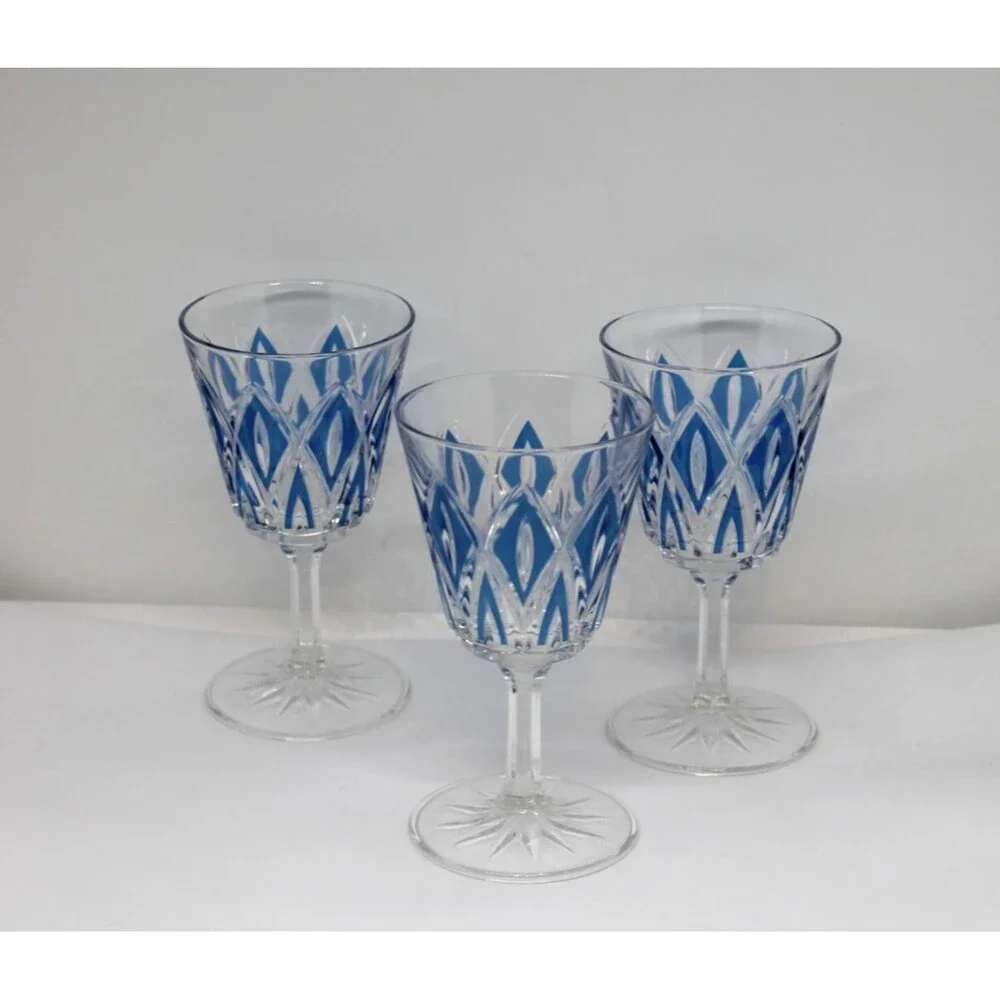 50’s MCM French Diamond Cut Crystal Wine Glasses by VMC Reims S/3 Blue